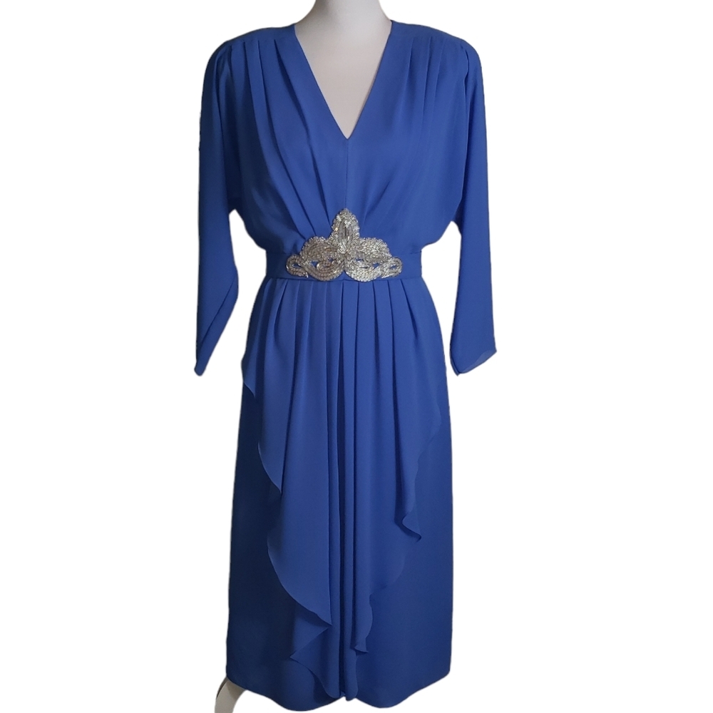 Vintage 80s Miss Elliette Blue Column Pleat Dress Sz 12 Evening Formal Soft Glam